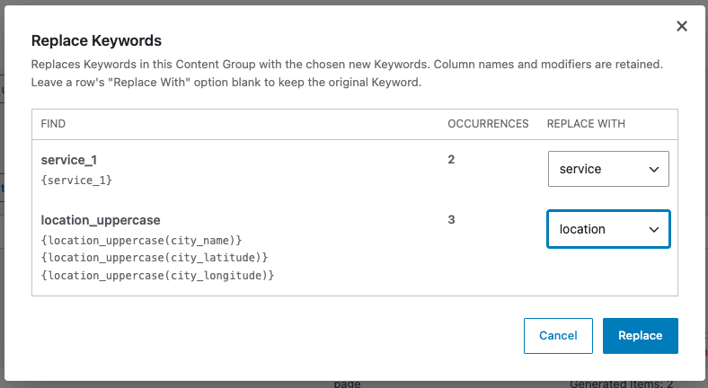 Page Generator Pro: Content Groups: Replace Keywords Modal