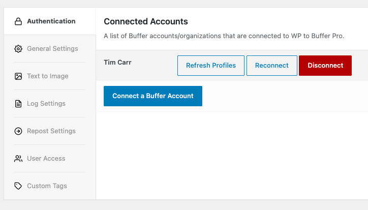 WordPress to Buffer Pro: Connected Accounts