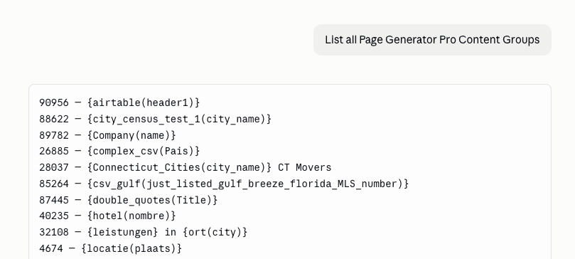 Page Generator Pro: MCP: AI Client: List all Content Groups