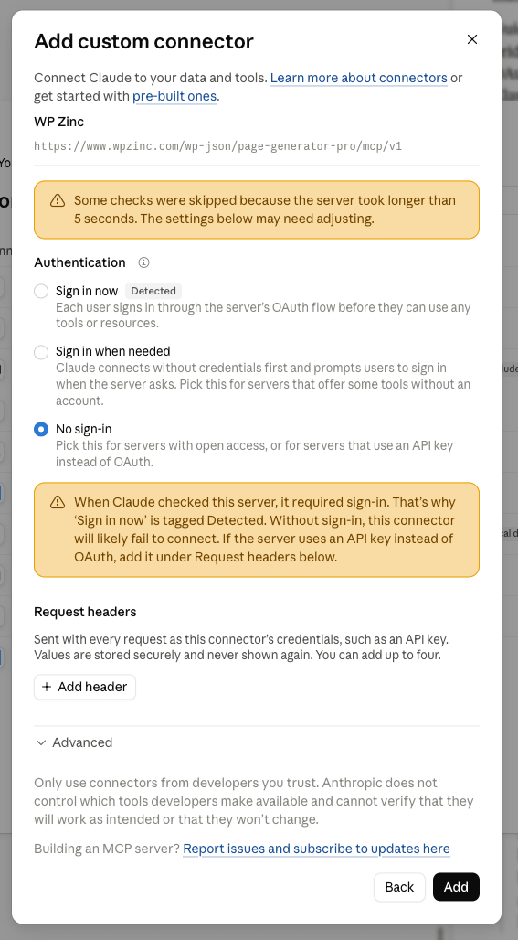 Page Generator Pro: MCP: Claude Desktop: Add Custom Connector Errors