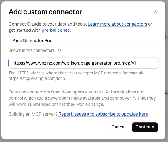 Page Generator Pro: MCP: Claude Desktop: Add Custom Connector Form