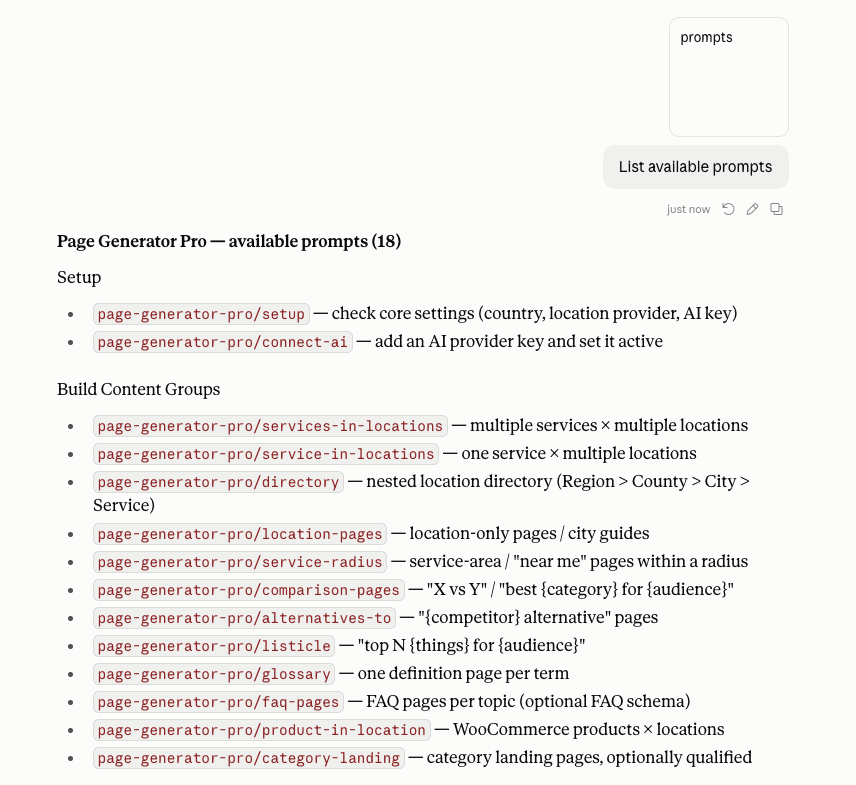 Page Generator Pro: MCP: Claude Desktop: List Available Prompts: Result