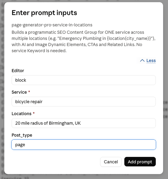 Page Generator Pro: MCP: Claude Desktop: Prompt Inputs