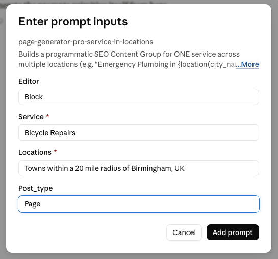 Page Generator Pro: MCP: Tutorial: Prompt Inputs