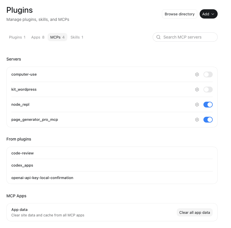 Page Generator Pro: MCP: ChatGPT Codex: Connected